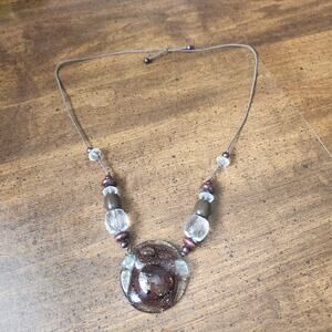 Brown Art Glass Pendant Wood Bead Cord Necklace Adjustable Boho Chunky
